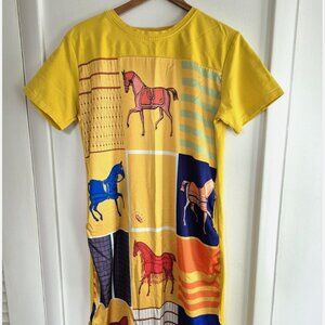 Yellow Horse Print Dress - T Shirt Dress - Equestrian Art Print Dress - Mustard